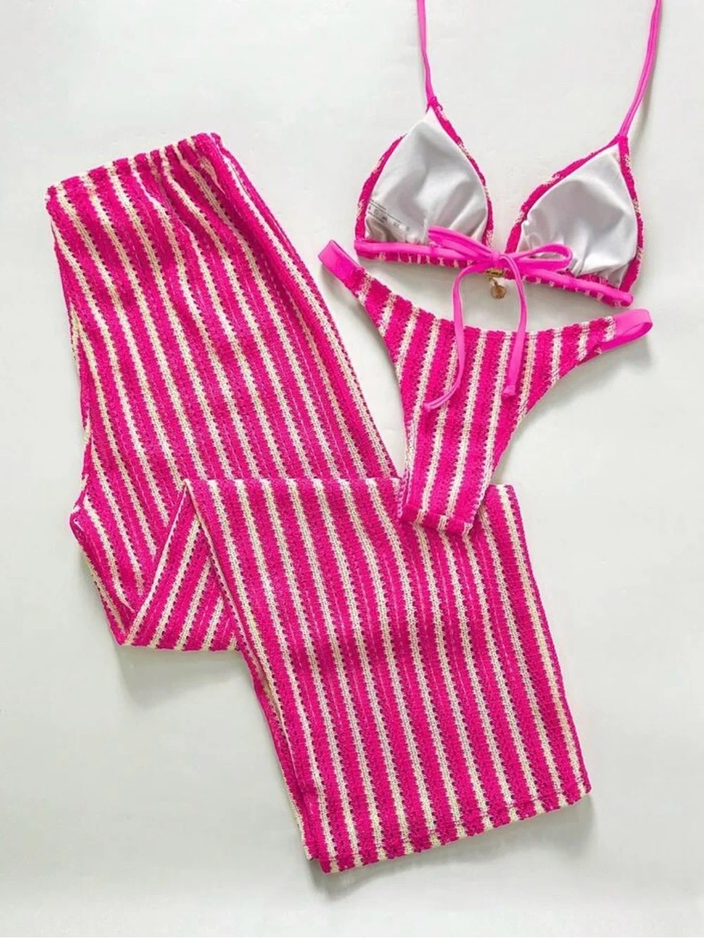 Striped Crochet Pink Bikini & Matching Pants Set